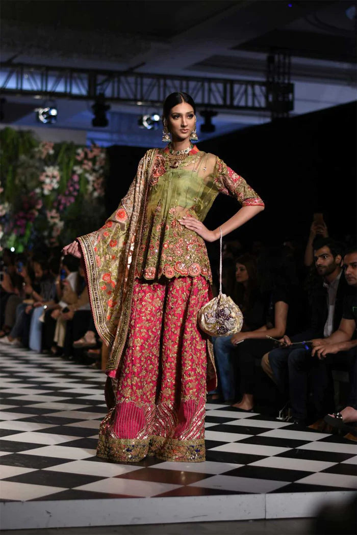 Pakistani Olive Green & Deep Pink Embroidered Bridal Sharara (3-Piece) - Image 1