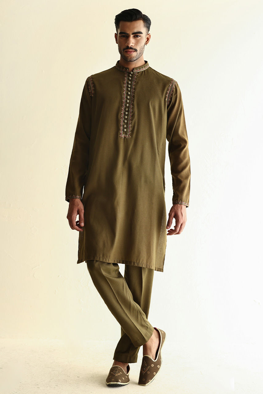 Olive Hand Embroidered Linen Waistcoat Kurta (3-Piece) - Image 1