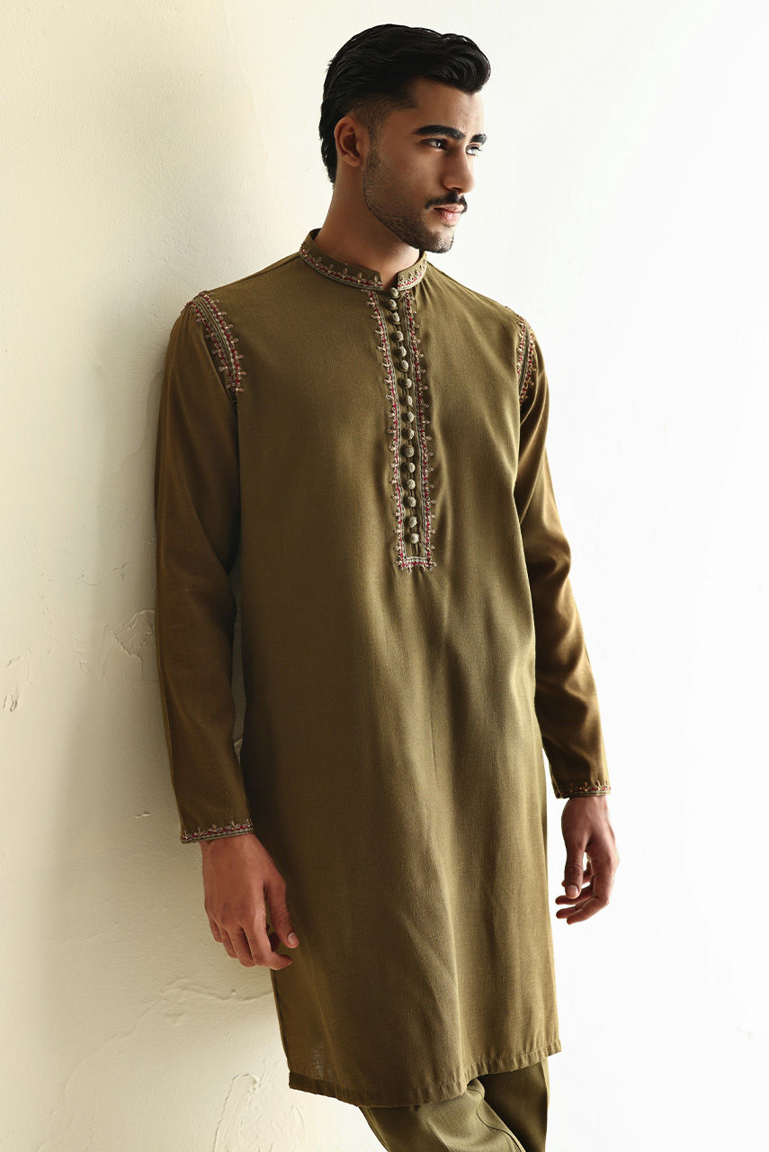 Olive Hand Embroidered Linen Waistcoat Kurta (3-Piece) - Image 2