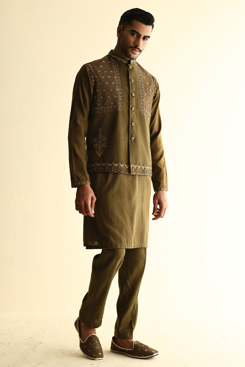 Olive Hand Embroidered Linen Waistcoat Kurta (3-Piece) - Image 3