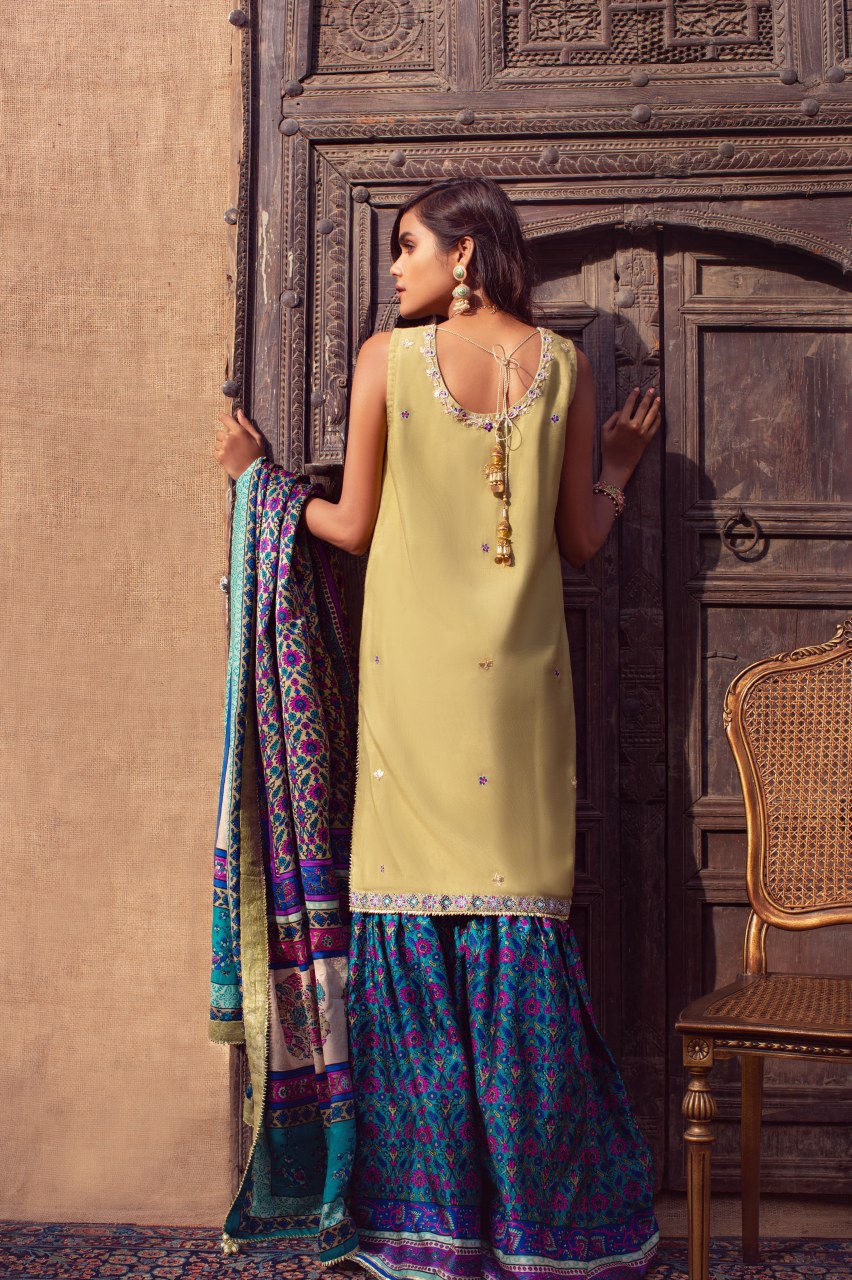 Pakistani Olive Gold Handworked Khaadi Silk Gharara (3-Piece) - Image 3