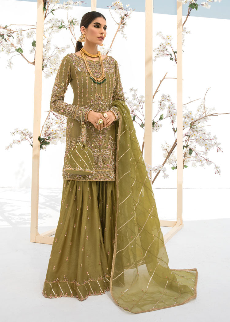 Indian Olive Embellished Korean Silk Bridal Gharara (3-Piece) - Image 1