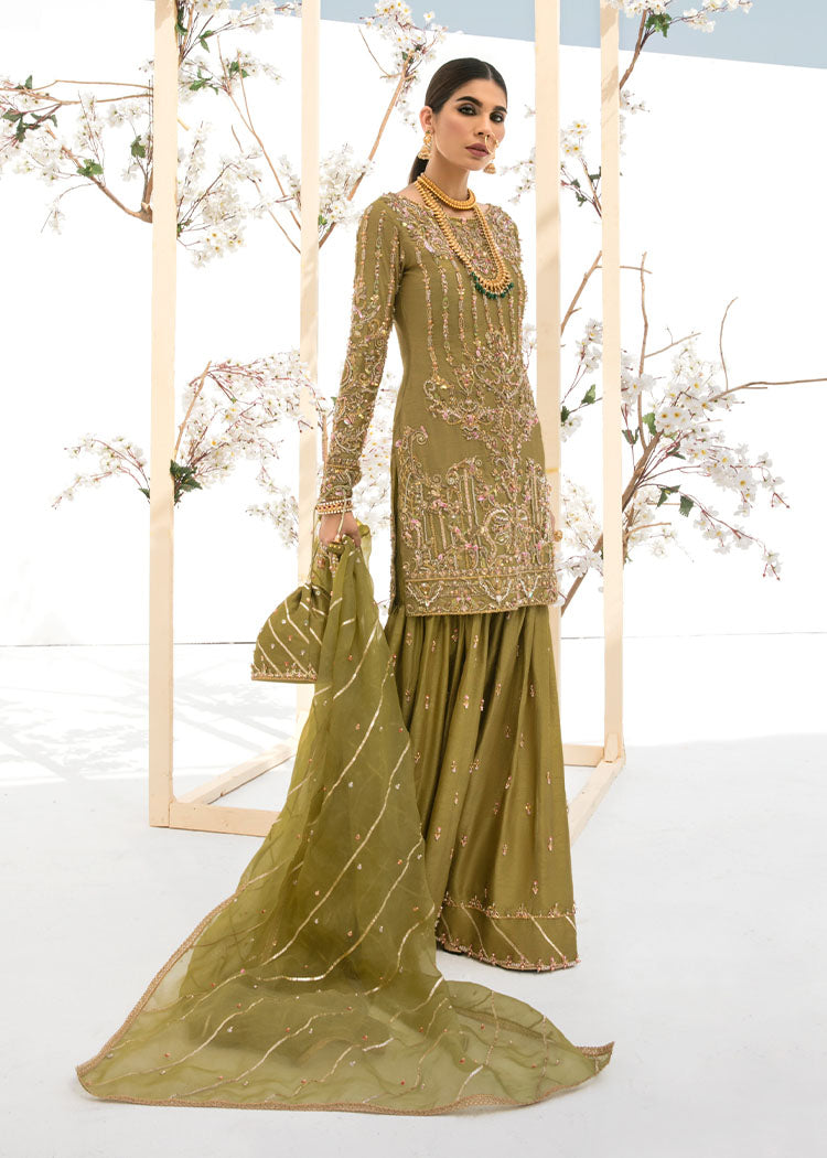 Indian Olive Embellished Korean Silk Bridal Gharara (3-Piece) - Image 2