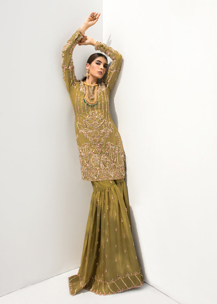 Indian Olive Embellished Korean Silk Bridal Gharara (3-Piece) - Image 4