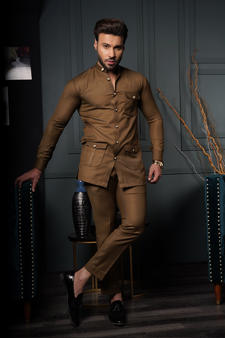 Olive Brown Cotton Blend Kurta Pajama (2-Piece) - Image 2