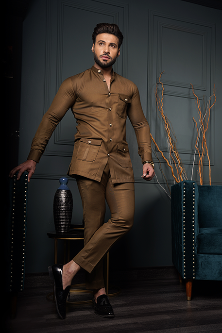 Olive Brown Cotton Blend Kurta Pajama (2-Piece) - Image 3