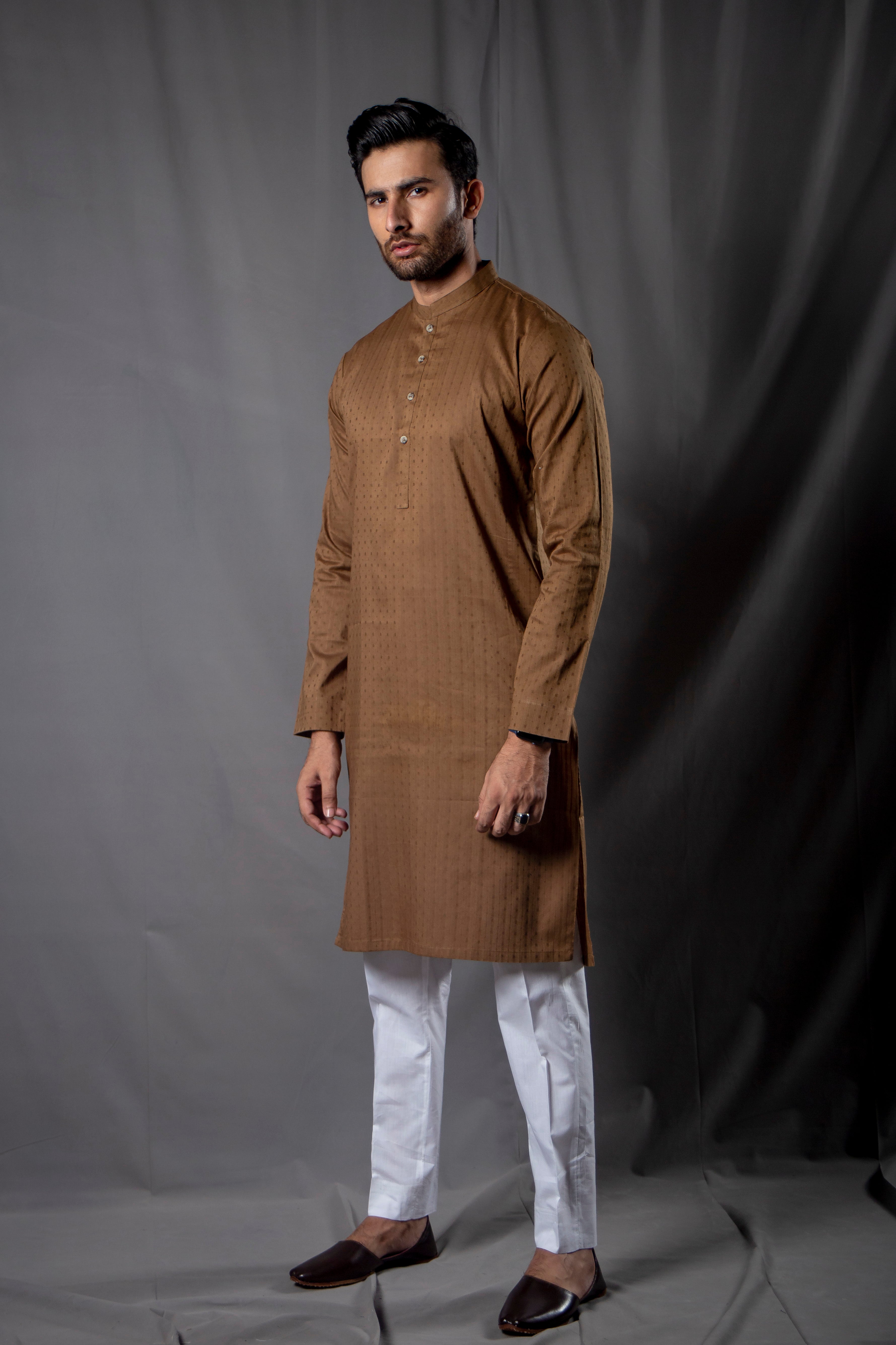 Olive Self-Pattern Cotton Kurta Pajama (2-Piece) - Image 1