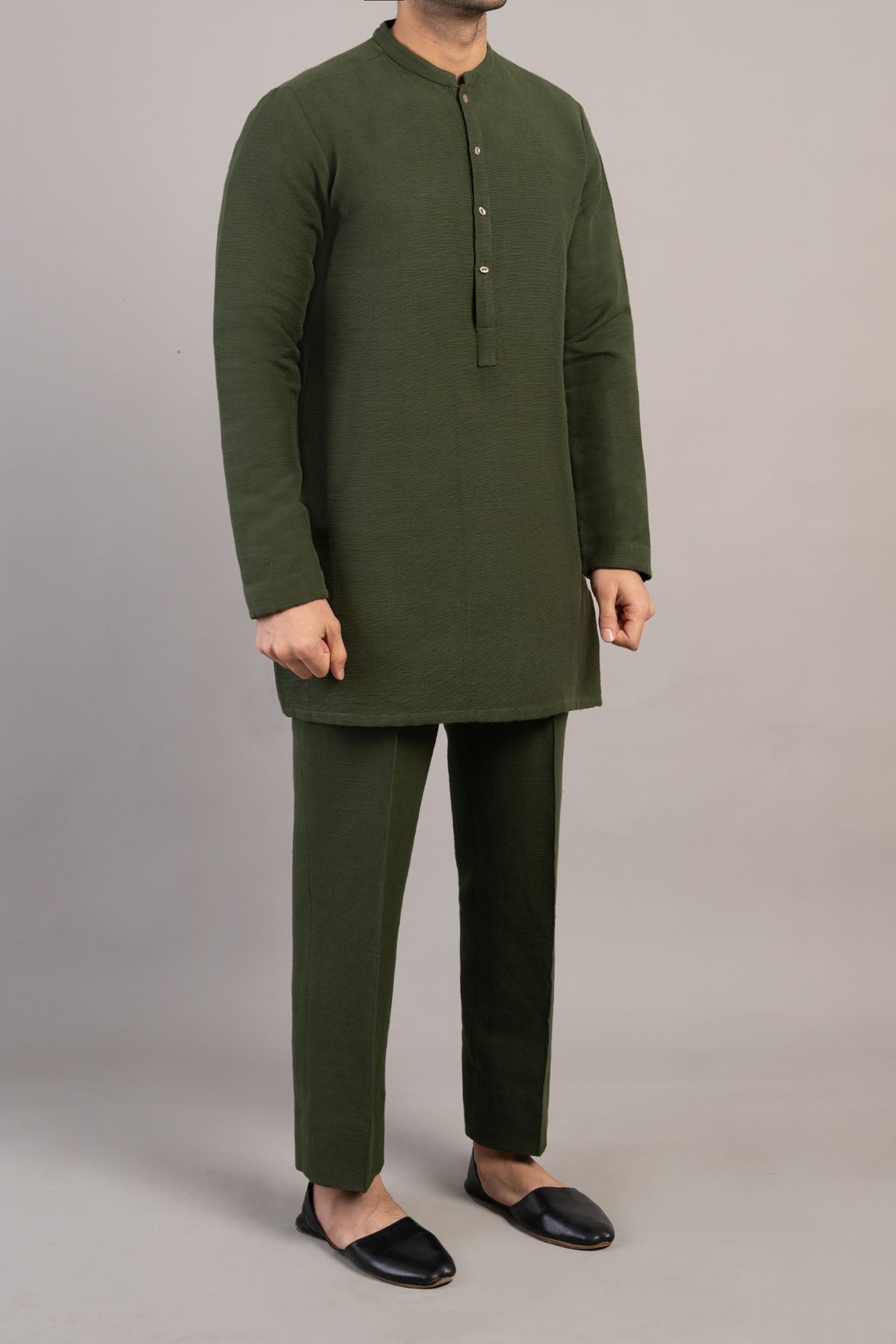 Olive Green Handmade Khaddar Kurta Trouser (2-Piece) - Image 1