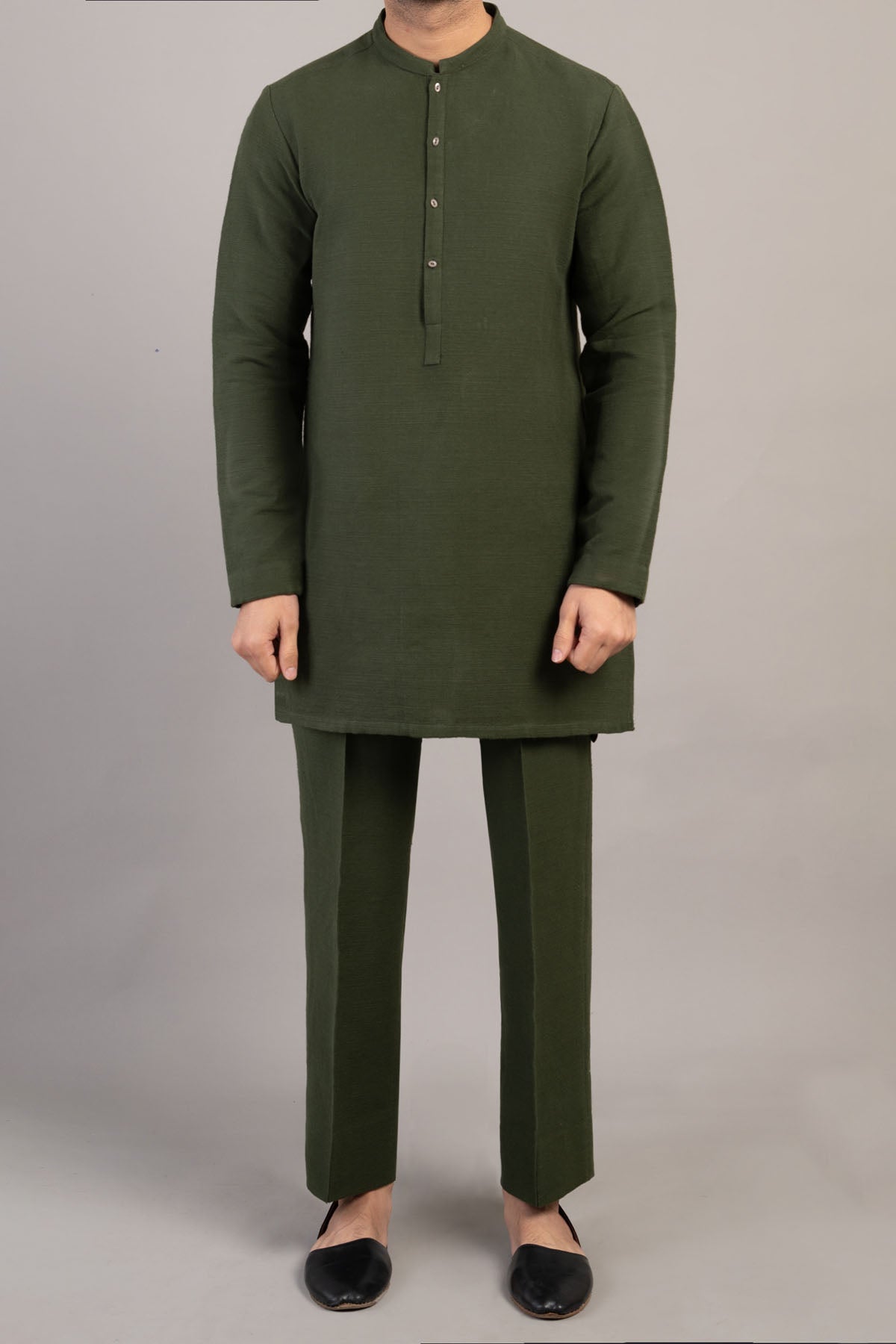 Olive Green Handmade Khaddar Kurta Trouser (2-Piece) - Image 2