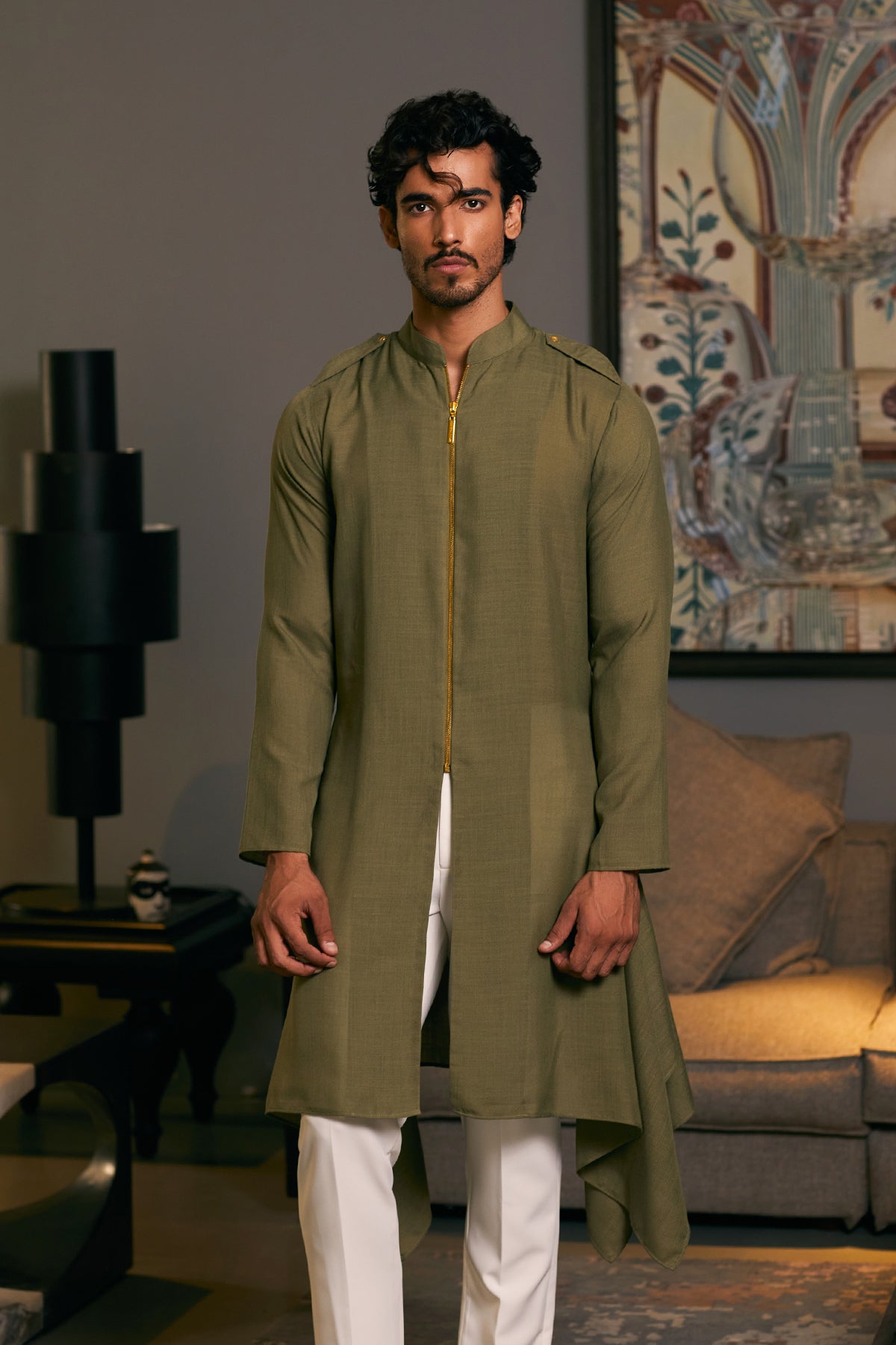 Olive Blended Linen Kurta with Zipper (2-Piece) - Image 1