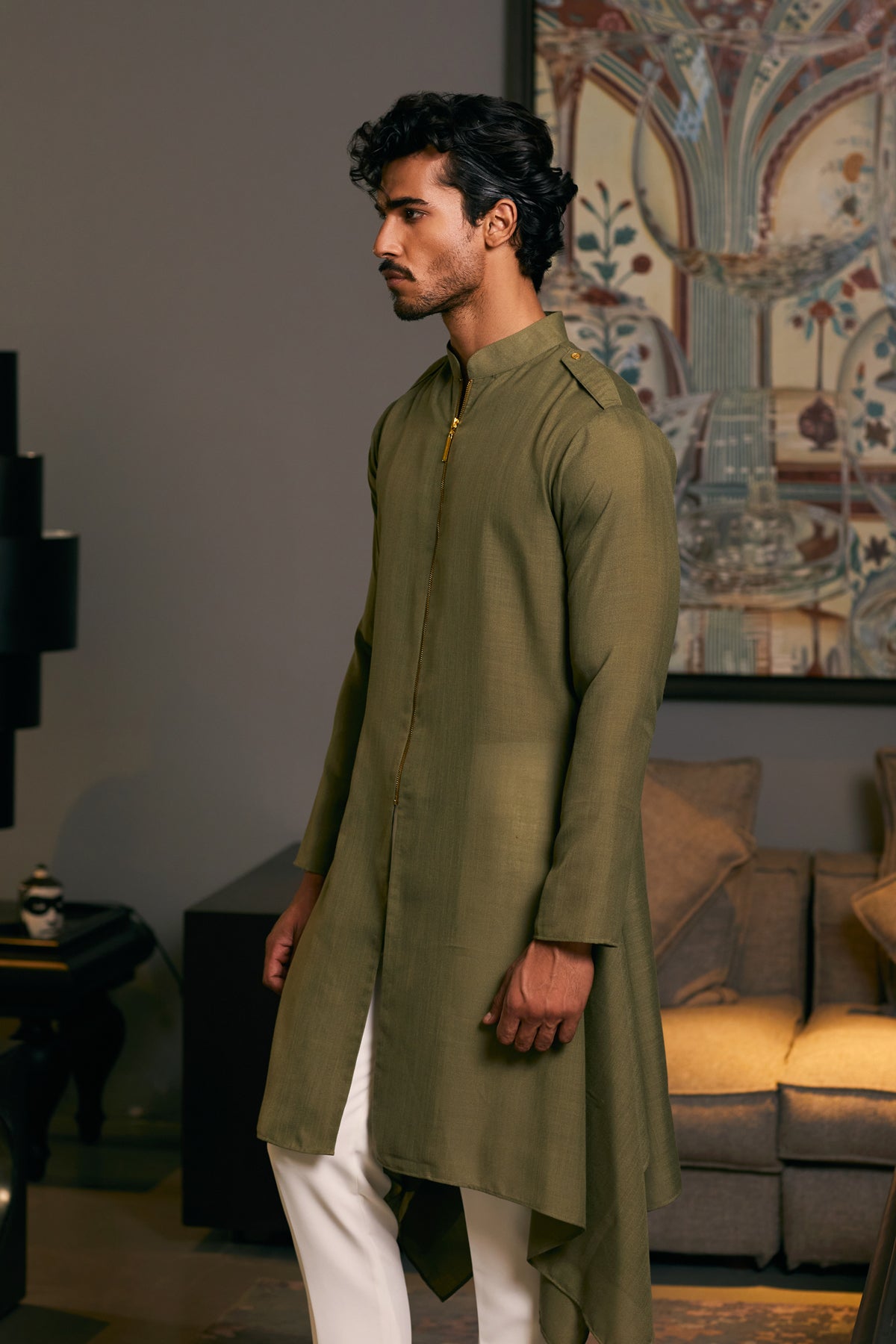Olive Blended Linen Kurta with Zipper (2-Piece) - Image 2