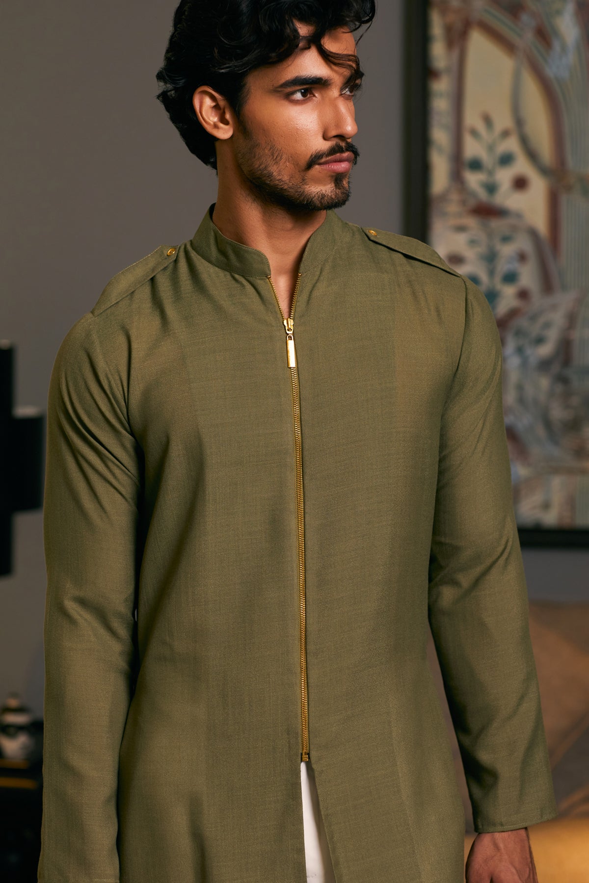 Olive Blended Linen Kurta with Zipper (2-Piece) - Image 3