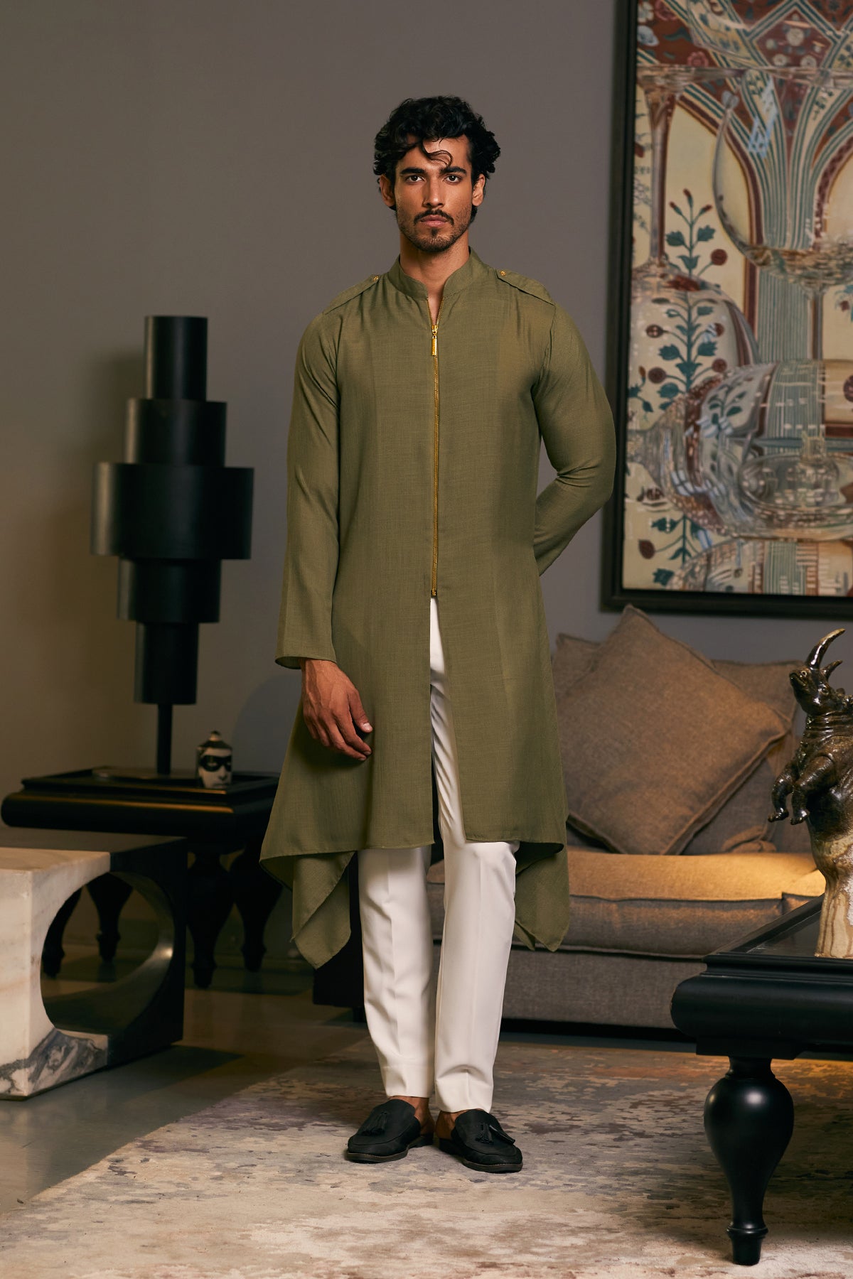 Olive Blended Linen Kurta with Zipper (2-Piece) - Image 4