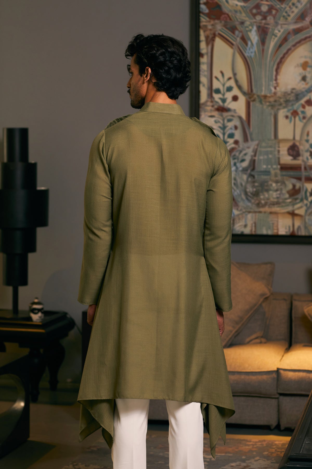 Olive Blended Linen Kurta with Zipper (2-Piece) - Image 5