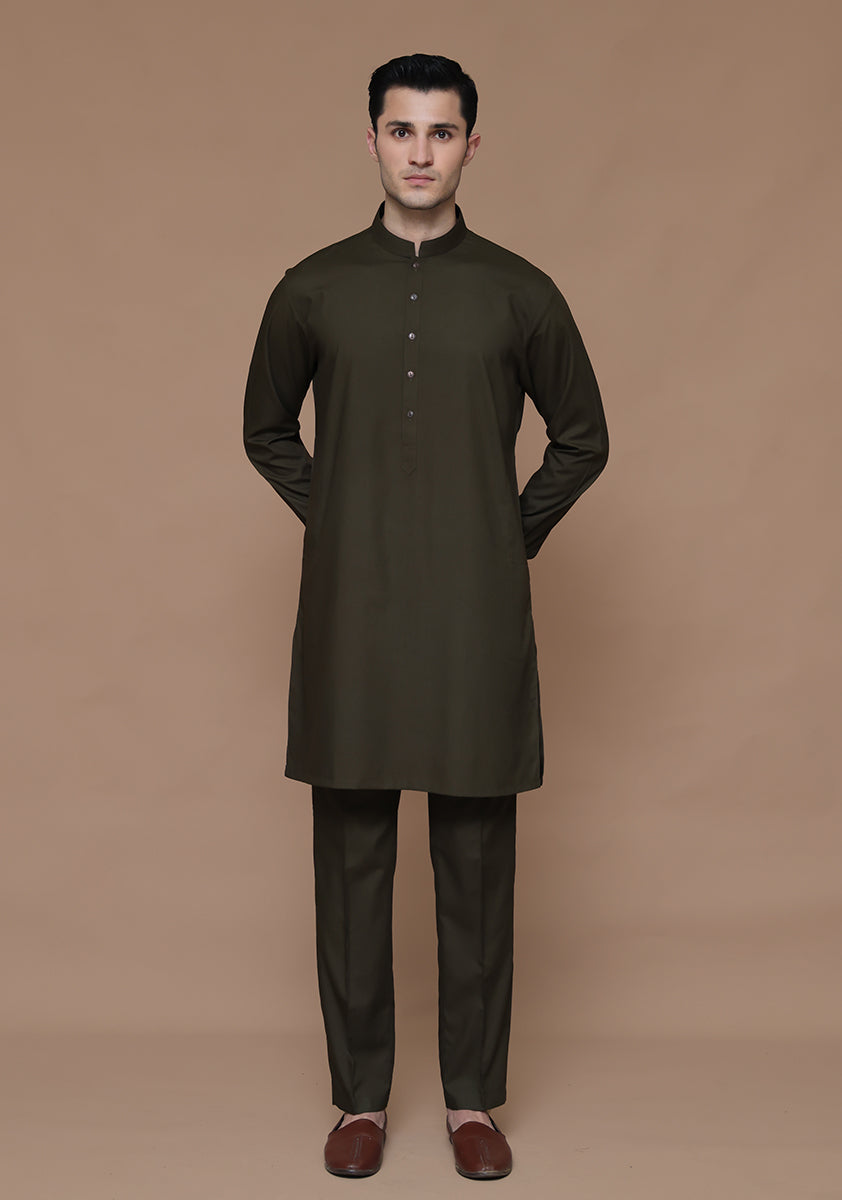 Dark Olive Poly Viscose Slim Fit Kurta Pajama (2-Piece) - Image 1