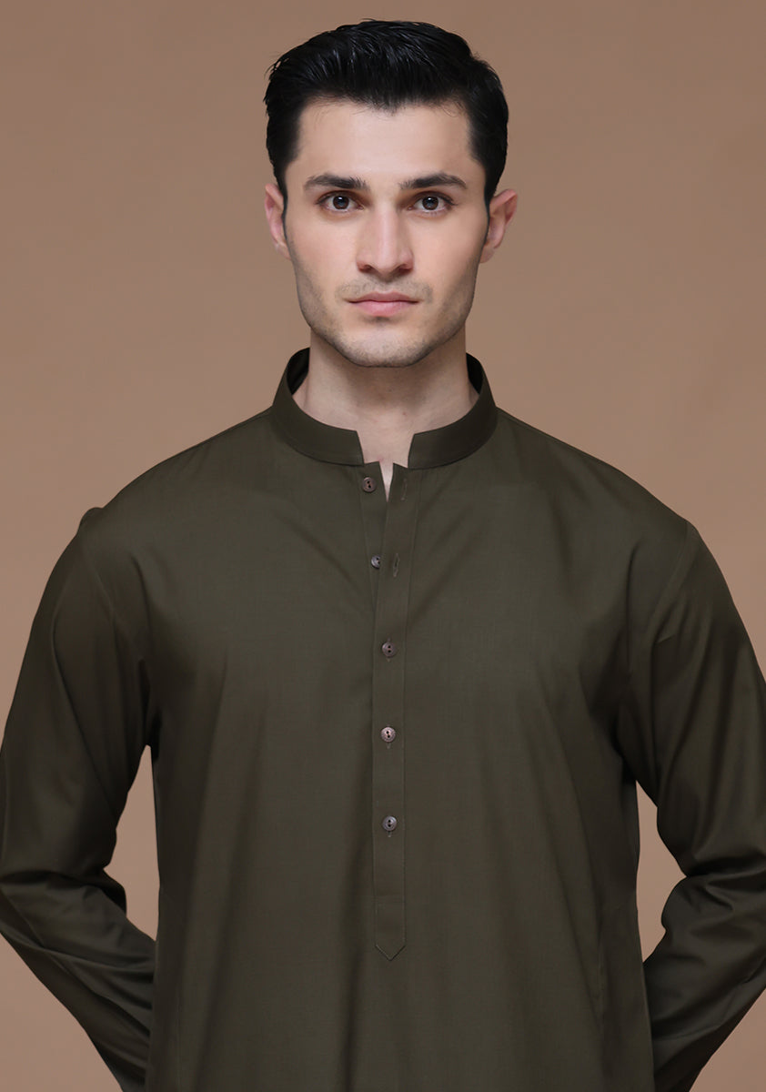 Dark Olive Poly Viscose Slim Fit Kurta Pajama (2-Piece) - Image 2