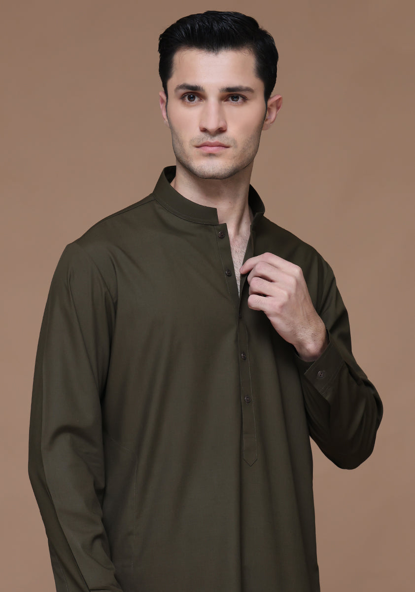 Dark Olive Poly Viscose Slim Fit Kurta Pajama (2-Piece) - Image 4