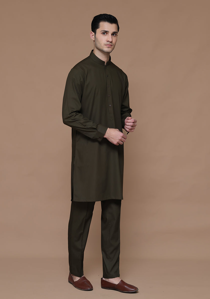 Dark Olive Poly Viscose Slim Fit Kurta Pajama (2-Piece) - Image 5