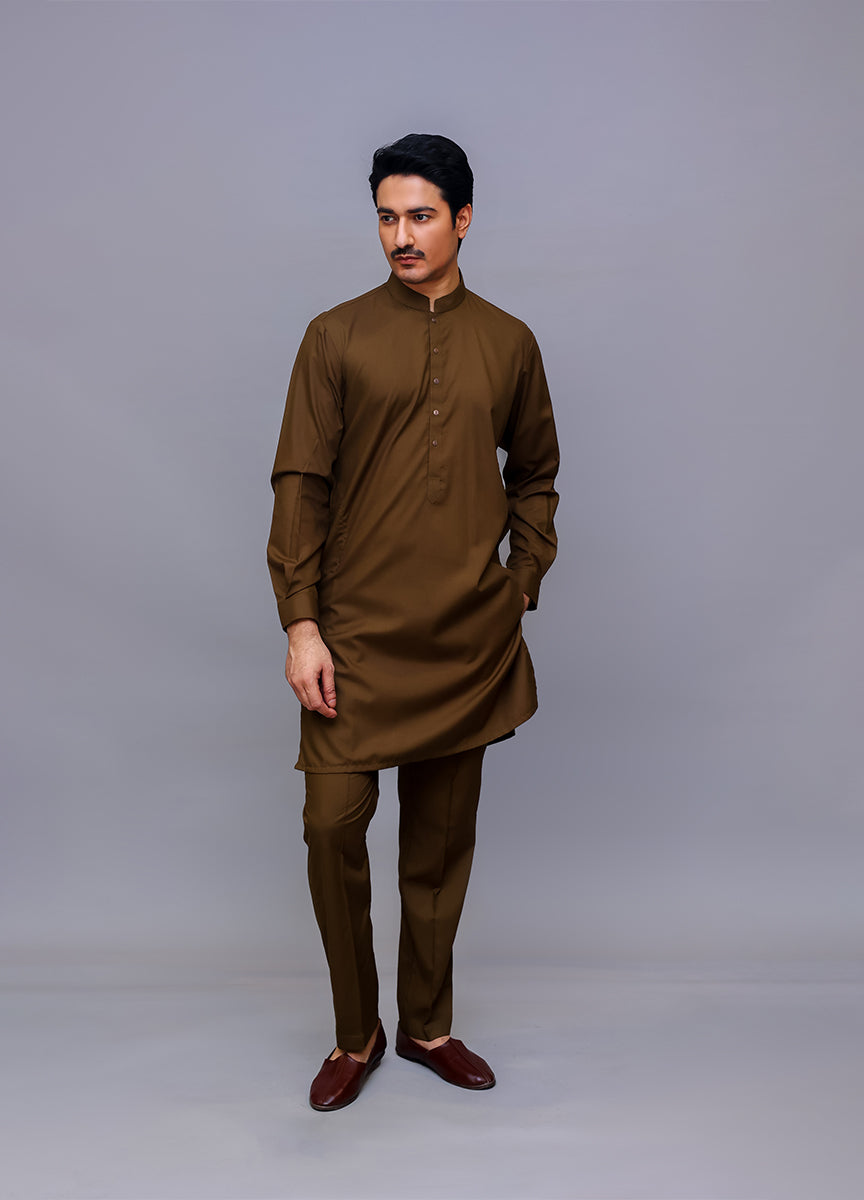 Dark Olive Plain Poly Viscose Kurta Pajama (2-Piece) - Image 2
