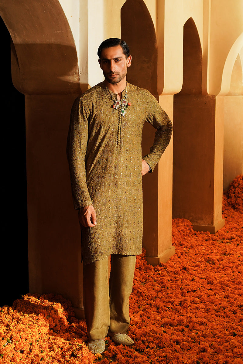Olive Gold Embroidered Silk Kurta Pajama (2-Piece) - Image 1