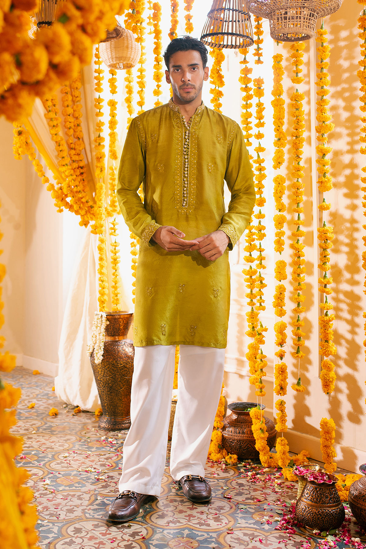 Olive Zardozi Embroidered Pure Raw Silk Kurta (2-Piece) - Image 1