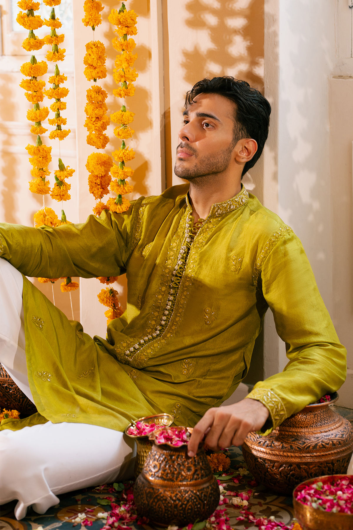 Olive Zardozi Embroidered Pure Raw Silk Kurta (2-Piece) - Image 2