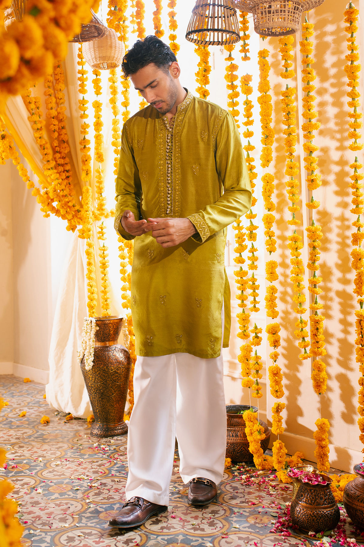 Olive Zardozi Embroidered Pure Raw Silk Kurta (2-Piece) - Image 4