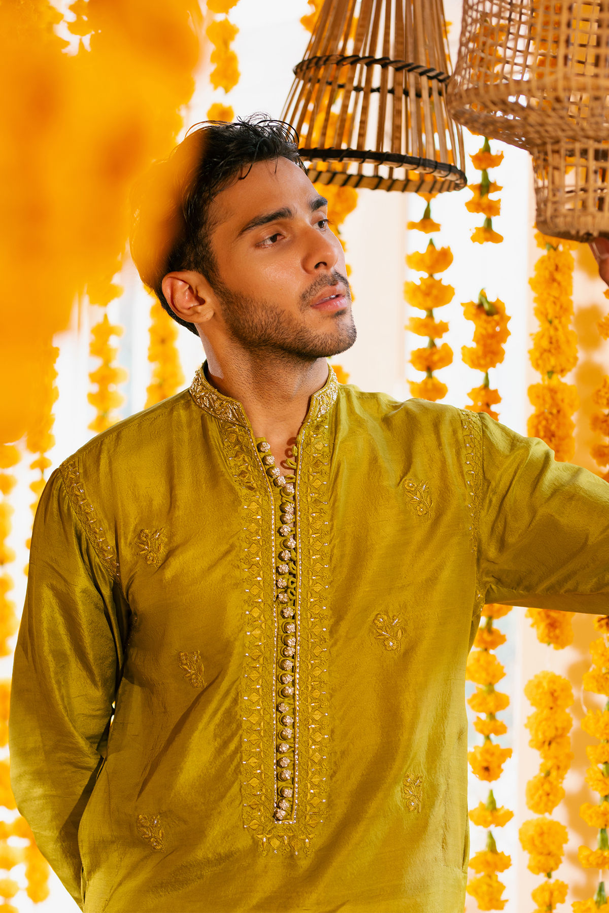 Olive Zardozi Embroidered Pure Raw Silk Kurta (2-Piece) - Image 5