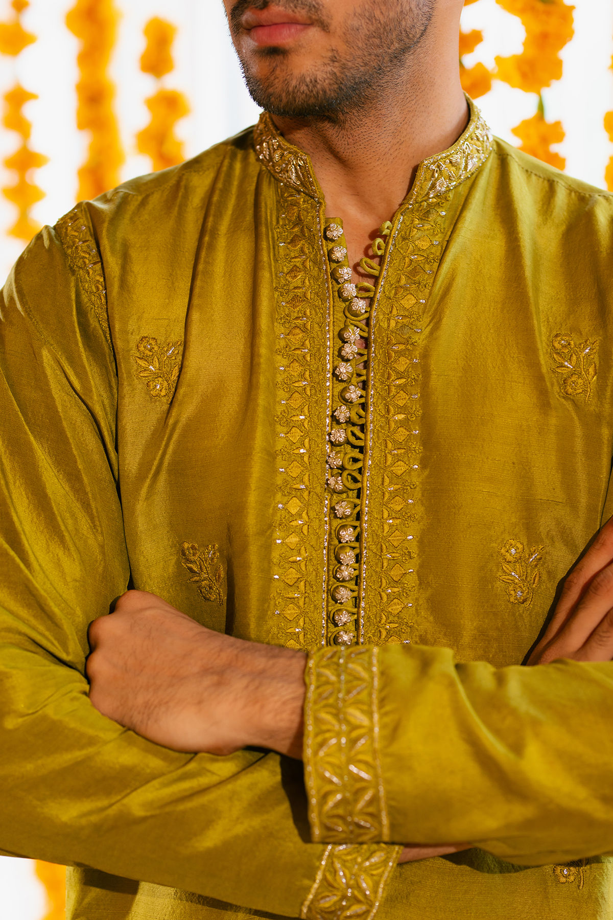 Olive Zardozi Embroidered Pure Raw Silk Kurta (2-Piece) - Image 7