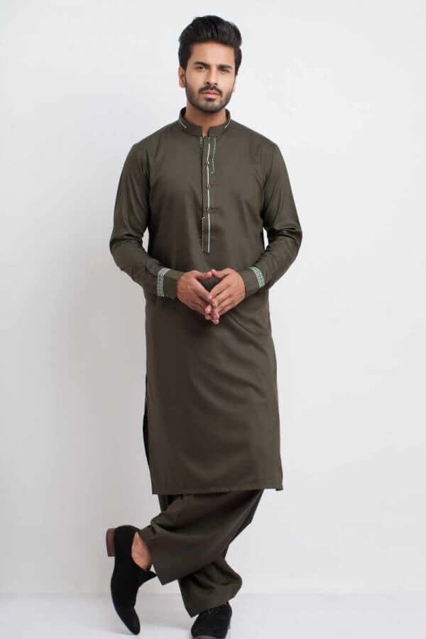 Deep Olive Green Blended Cotton Shalwar Kameez (2-Piece) - Image 1