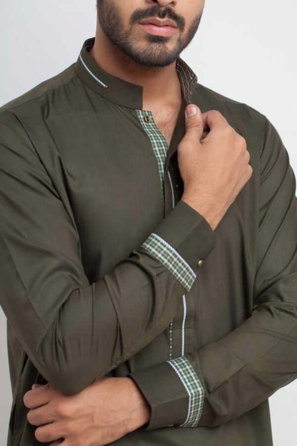 Deep Olive Green Blended Cotton Shalwar Kameez (2-Piece) - Image 3