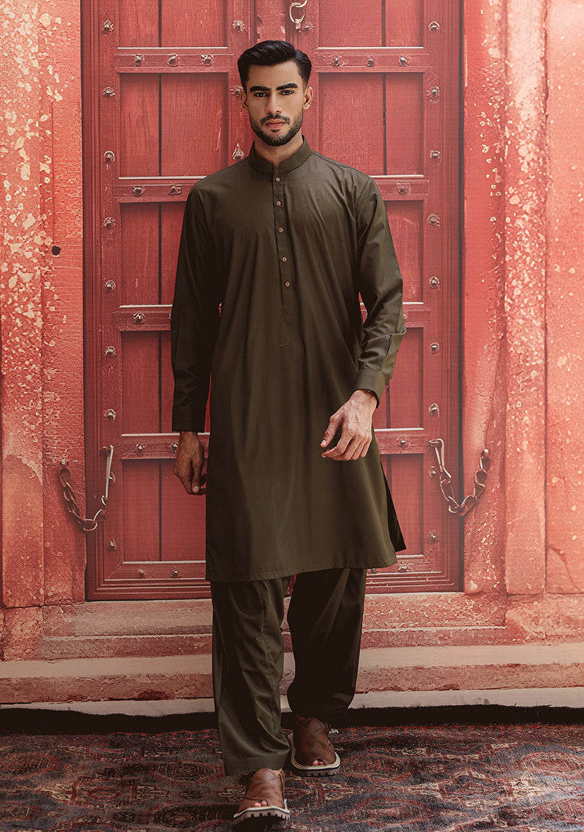 Dark Olive Embroidered Poly Viscose Shalwar Kameez (2-Piece) - Image 1