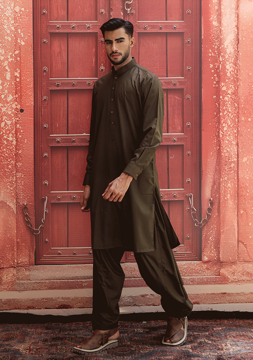 Dark Olive Embroidered Poly Viscose Shalwar Kameez (2-Piece) - Image 4