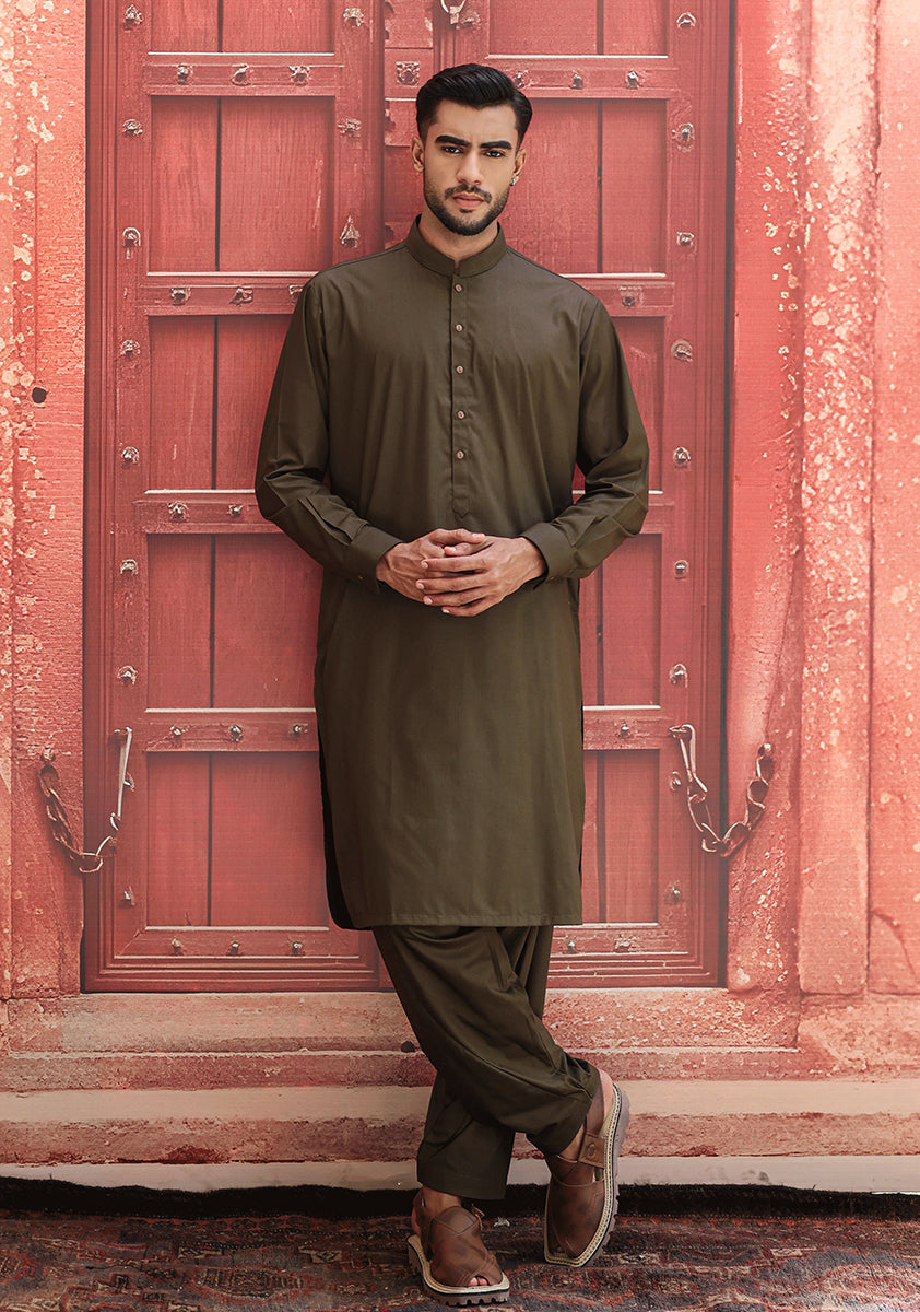 Dark Olive Poly Viscose Shalwar Kameez (2-Piece) - Image 1
