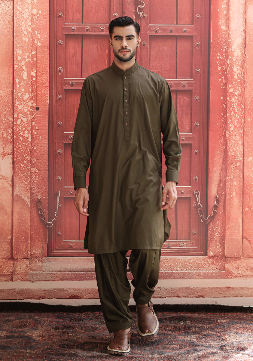 Dark Olive Poly Viscose Shalwar Kameez (2-Piece) - Image 2