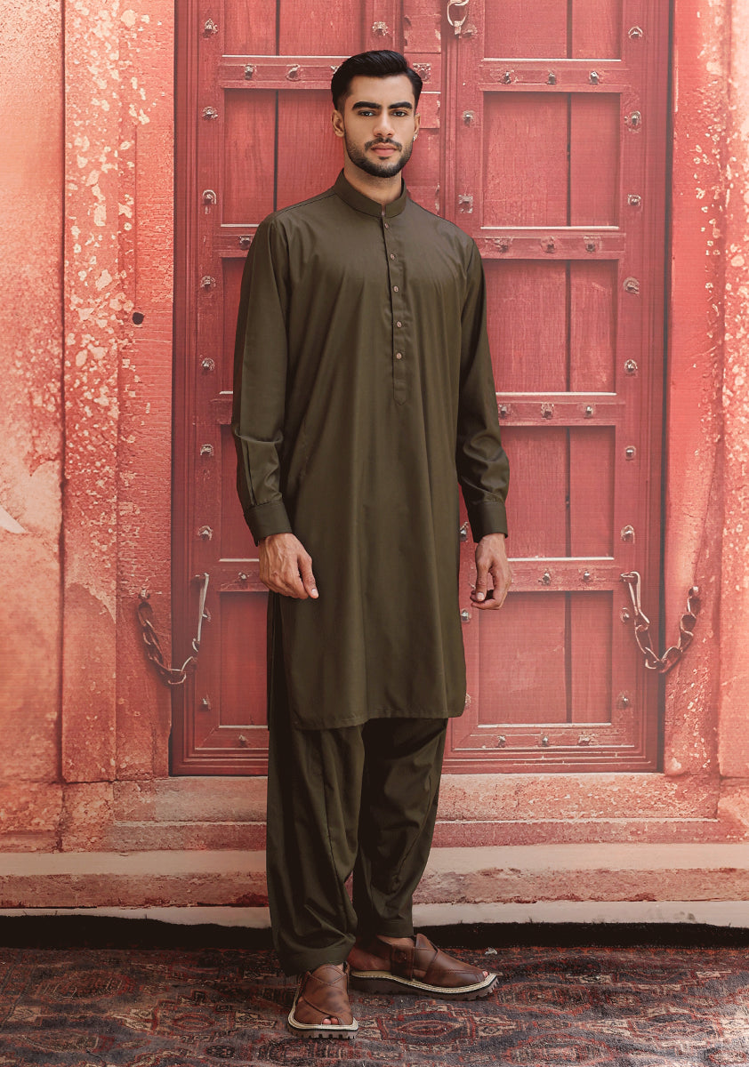 Dark Olive Poly Viscose Shalwar Kameez (2-Piece) - Image 4