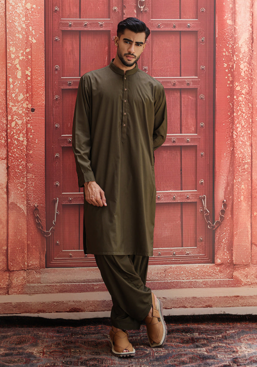 Dark Olive Poly Viscose Shalwar Kameez (2-Piece) - Image 1