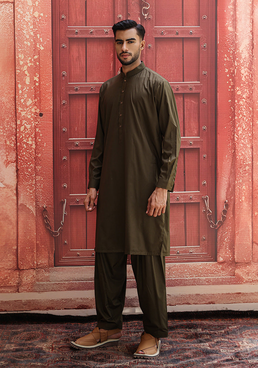 Dark Olive Poly Viscose Shalwar Kameez (2-Piece) - Image 2