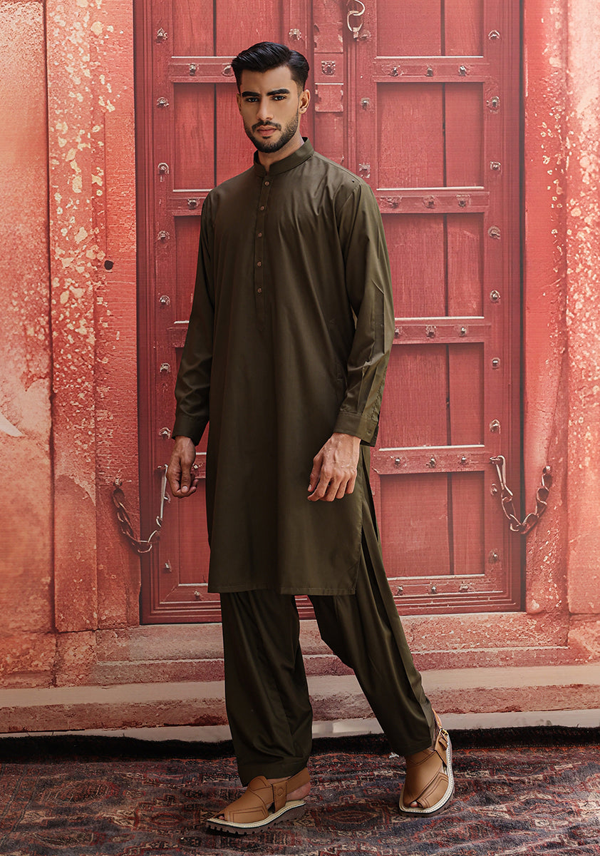 Dark Olive Poly Viscose Shalwar Kameez (2-Piece) - Image 3