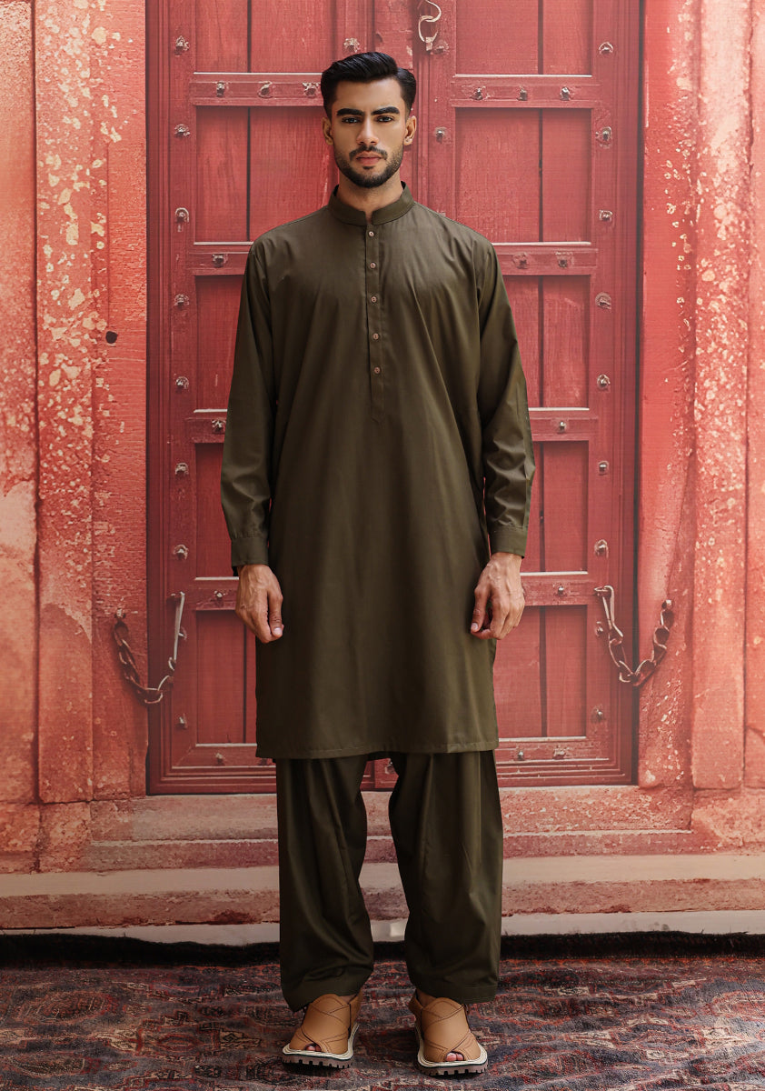 Dark Olive Poly Viscose Shalwar Kameez (2-Piece) - Image 4