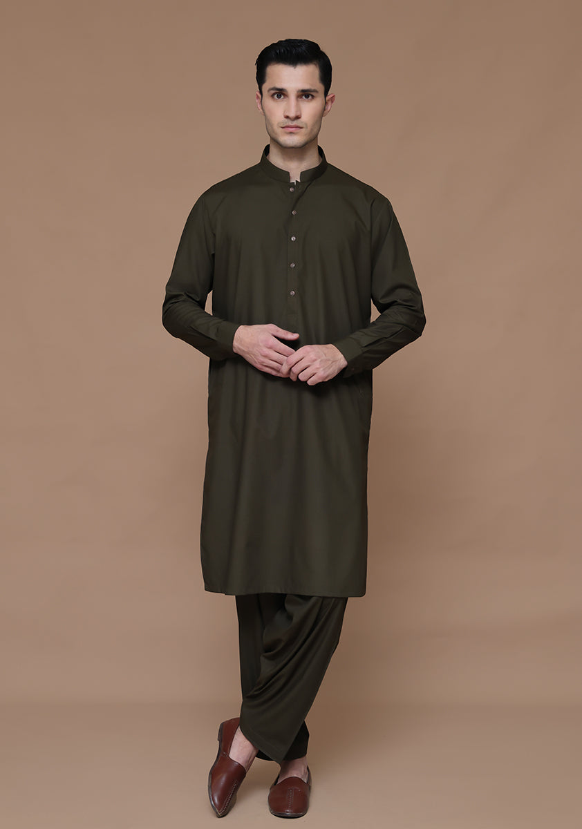 Dark Olive Poly Viscose Slim Fit Shalwar Kameez (2-Piece) - Image 1