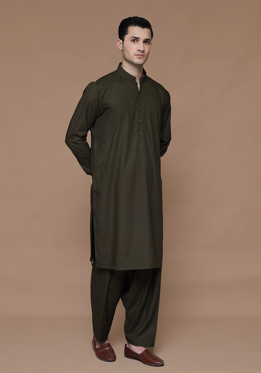 Dark Olive Poly Viscose Slim Fit Shalwar Kameez (2-Piece) - Image 2
