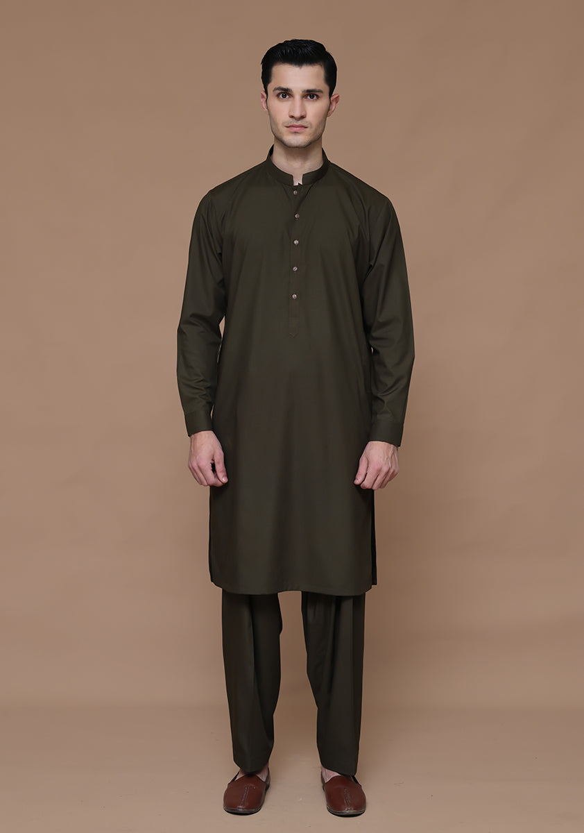 Dark Olive Poly Viscose Slim Fit Shalwar Kameez (2-Piece) - Image 4