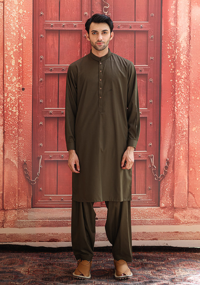 Dark Olive Poly Viscose Shalwar Kameez (2-Piece) - Image 1
