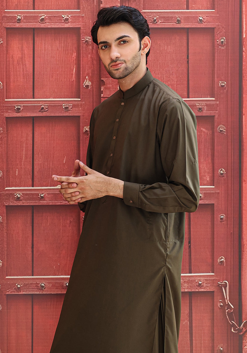 Dark Olive Poly Viscose Shalwar Kameez (2-Piece) - Image 2