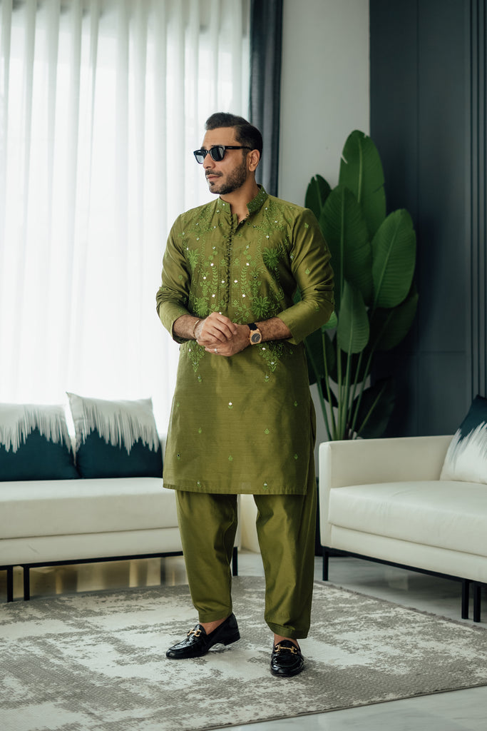 Olive Green Mirror Embroidered Silk-Blend Kurta Shalwar (2-Piece) - Image 1