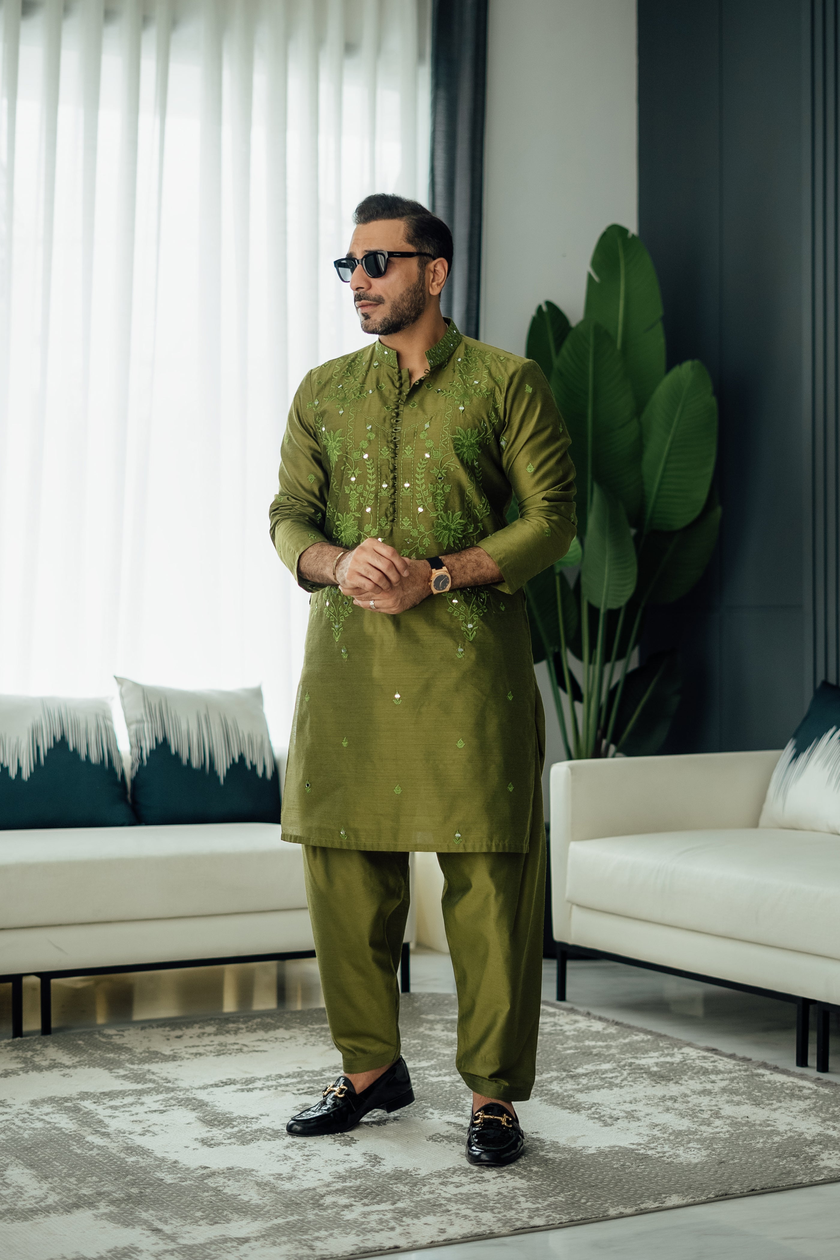 Olive Green Mirror Embroidered Silk-Blend Kurta Shalwar (2-Piece) - Image 2