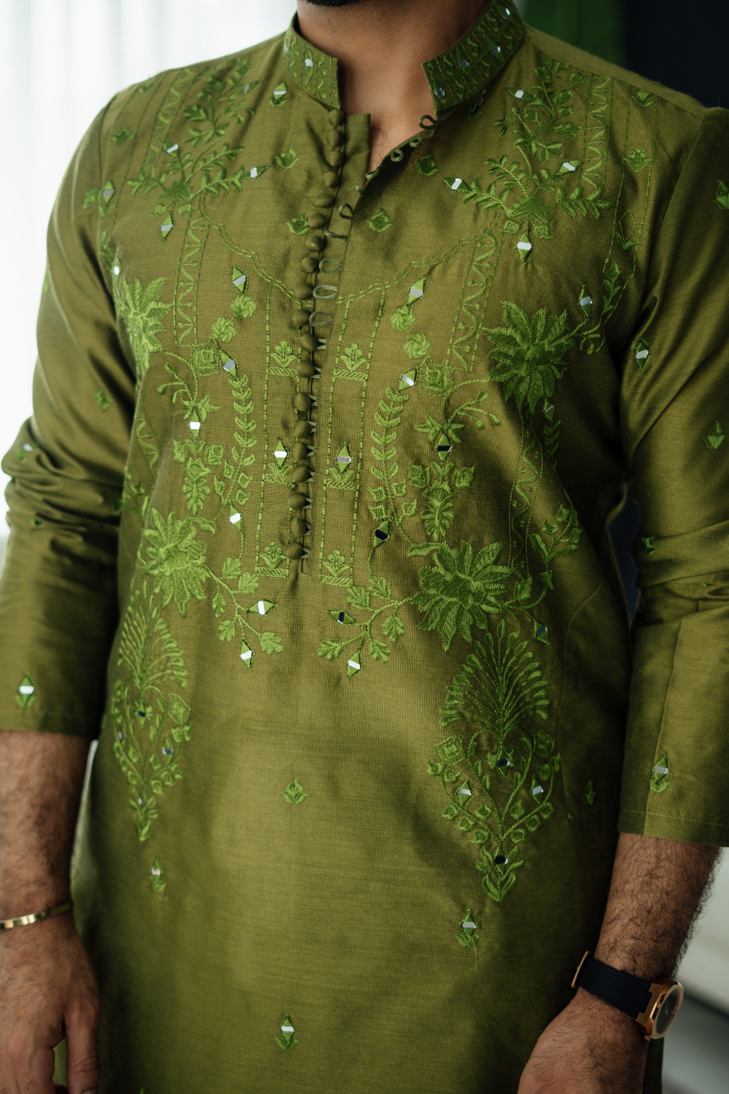 Olive Green Mirror Embroidered Silk-Blend Kurta Shalwar (2-Piece) - Image 4