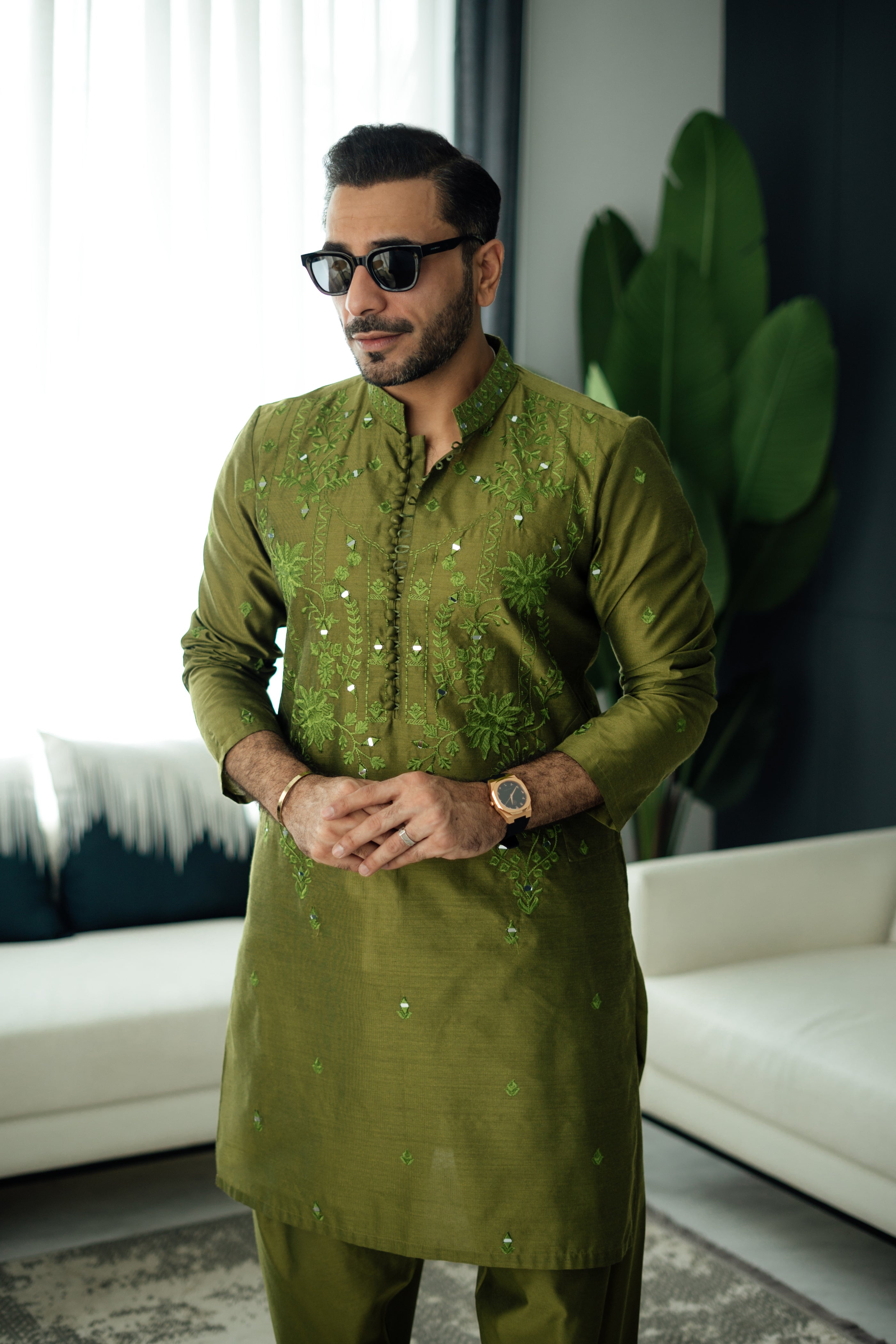 Olive Green Mirror Embroidered Silk-Blend Kurta Shalwar (2-Piece) - Image 5