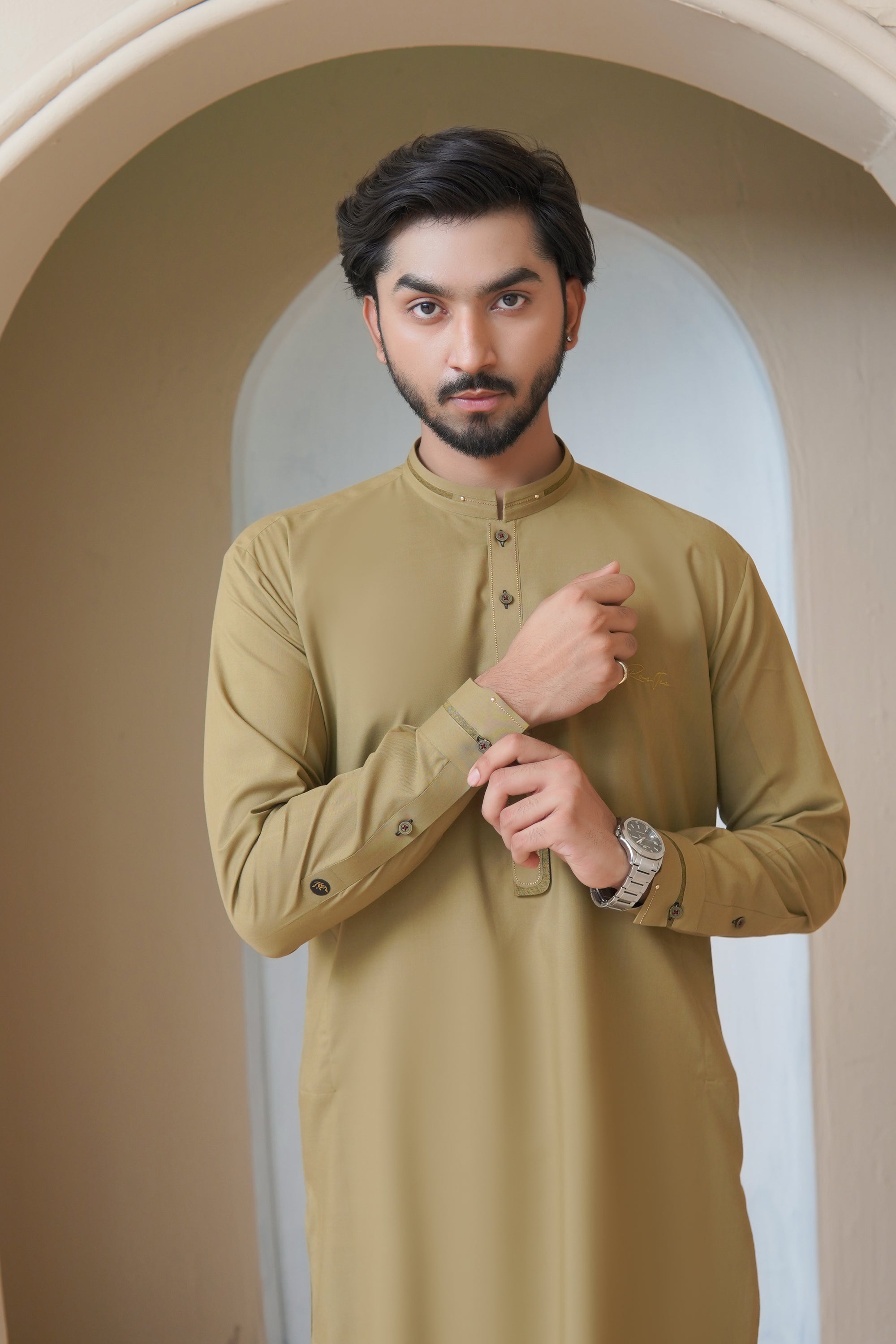 Olive Embellished Wash & Wear Shalwar Kameez (2-Piece) - Image 1